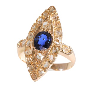 Vintage antique diamond marquise shaped ring with natural sapphire